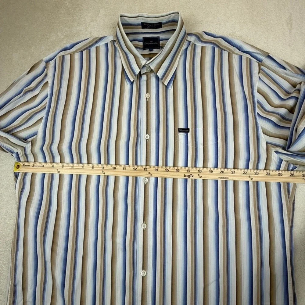 Faconnable Mens XXL‎ Blue/Tan/White Striped Long Sleeve Button Down Cotton Shirt